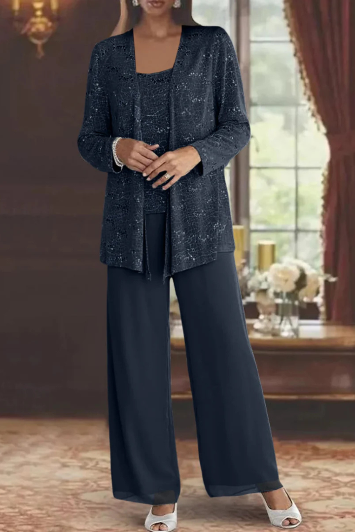 Sophisticated women's sequin 3-piece set: sparkly cardigan, top & flowy wide-leg pants.