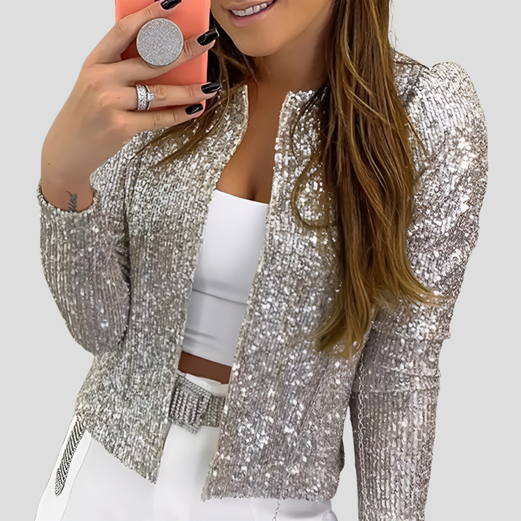 Fashionable women's glitter long sleeve cardigan, sparkling party wear for elegant evenings.