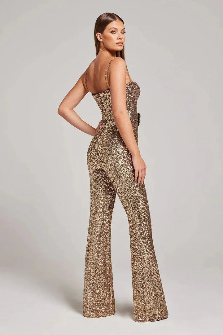 Gold glamorous women's glitter two-piece jumpsuit with waist belt, perfect for formal wear.