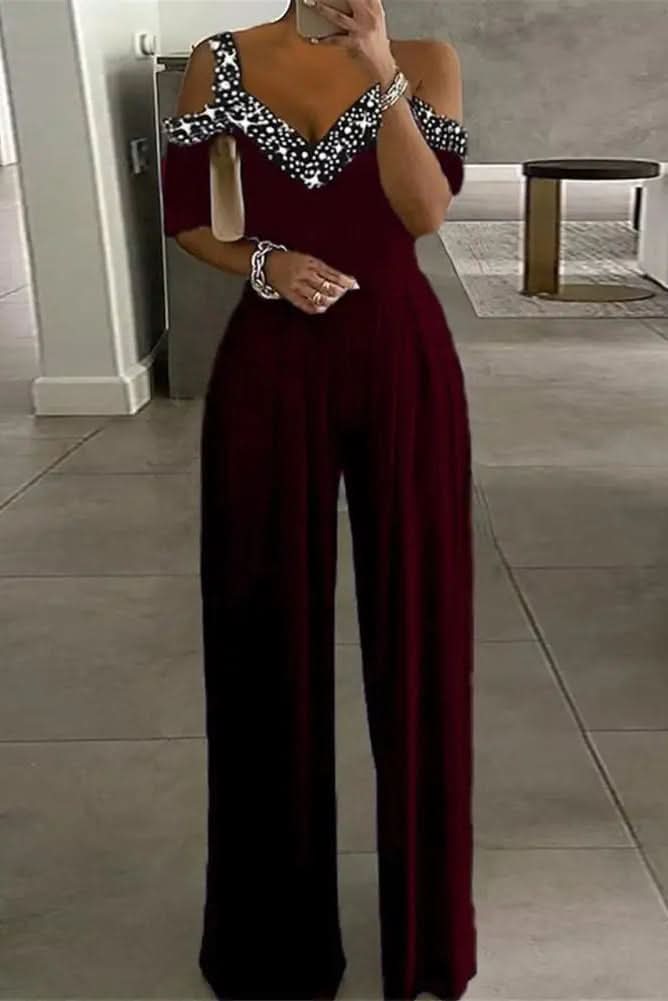 Women's sparkling rhinestone jumpsuit, perfect for elegant evening wear, cocktail parties & special occasions.