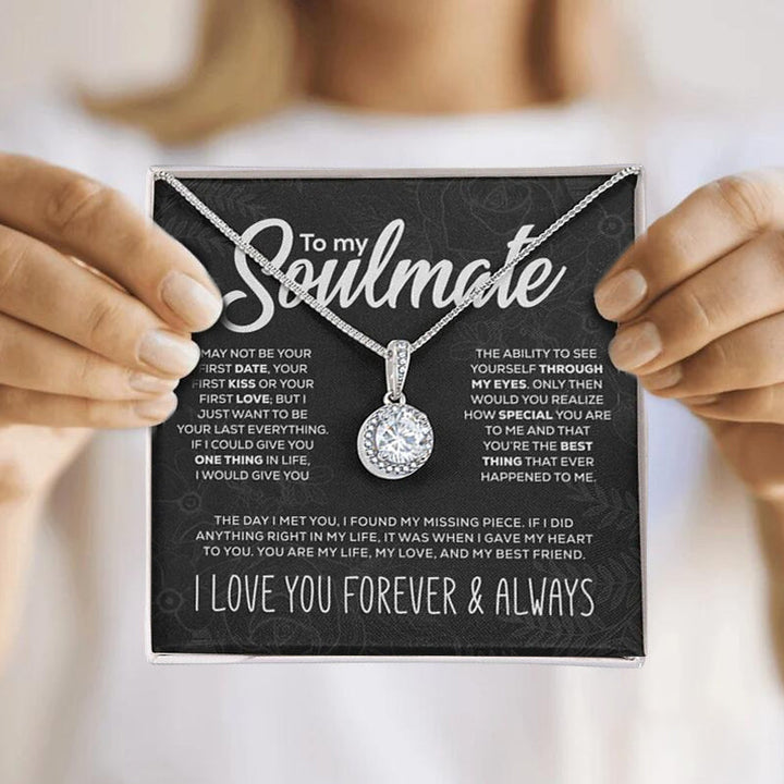 Delicate silver soulmate necklace with shimmering round pendant, beautiful women's jewelry.