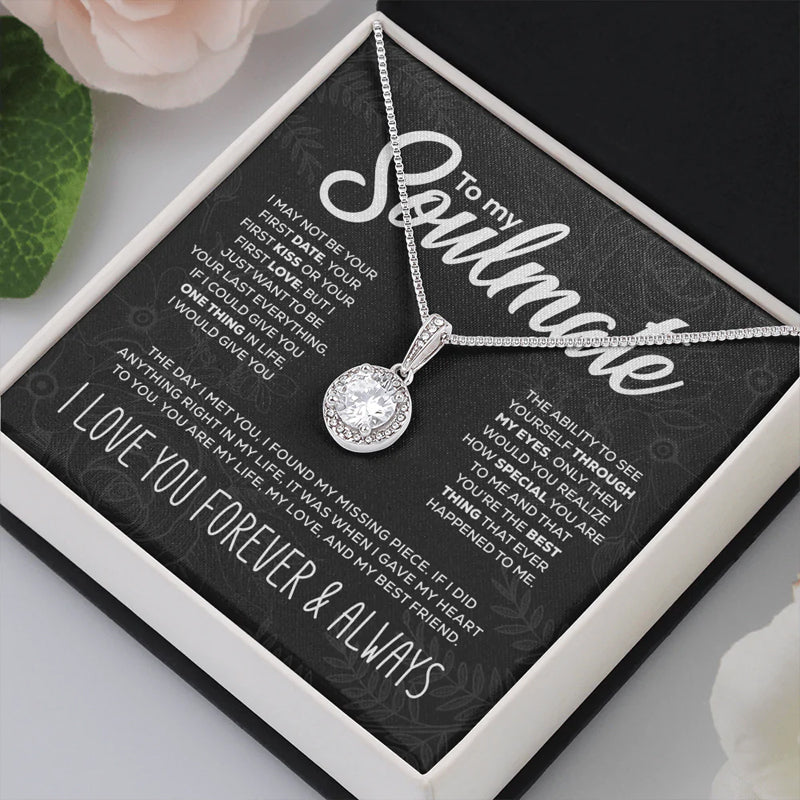 Fashionable women's silver soulmate pendant necklace, with a dazzling round centerpiece.