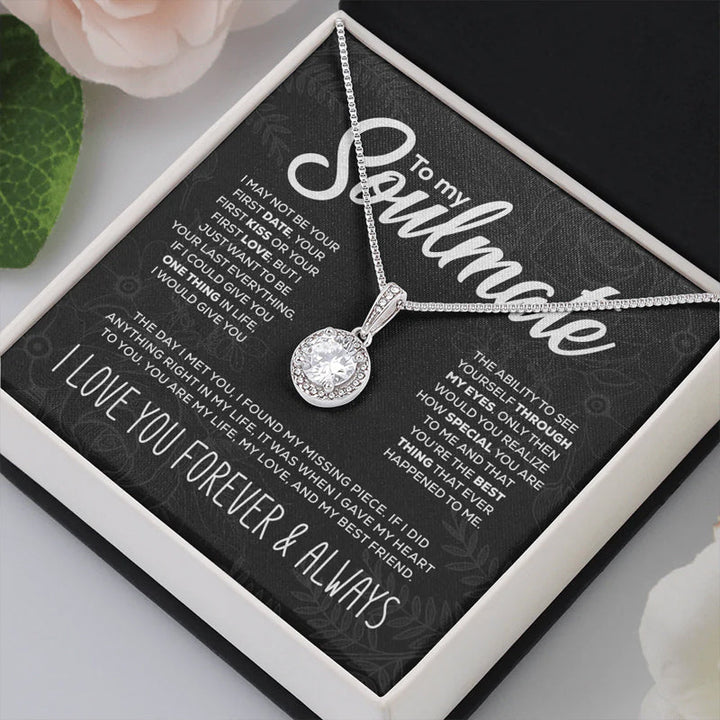 Fashionable women's silver soulmate pendant necklace, with a dazzling round centerpiece.