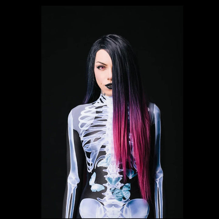 Women's 'spooky chic' skull print Halloween bodysuit, perfect for a party or costume.