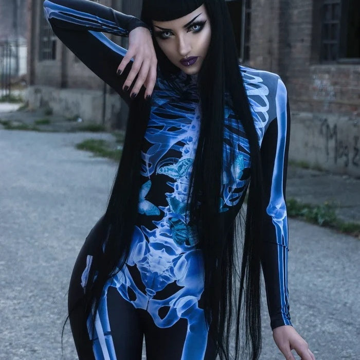 Slim-fit women's lycra bodysuit featuring an all-over sexy skull print, ideal for Halloween.