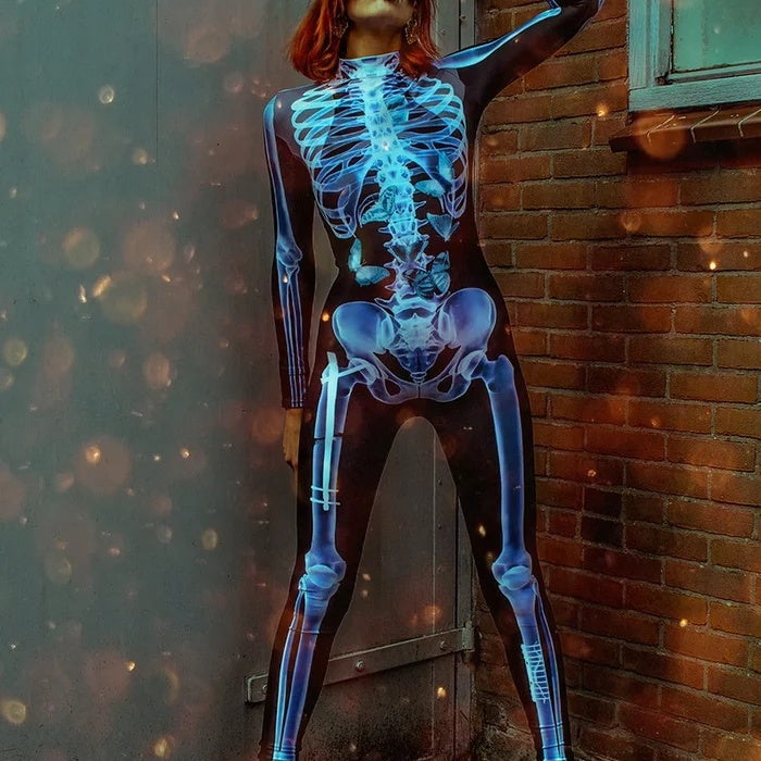 Sexy women's skull graphic bodysuit in black, designed for a head-turning Halloween look.