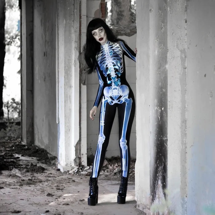 Close-up of the detailed skull print on a women's lycra Halloween bodysuit.