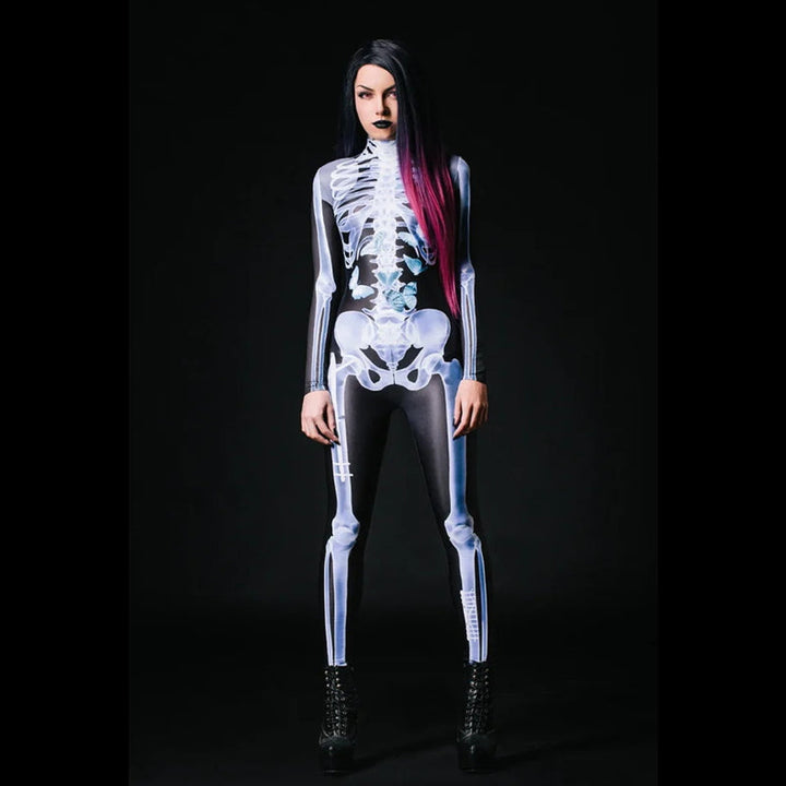 Full-body image of a women's skull print bodysuit, great for spooky themed events.