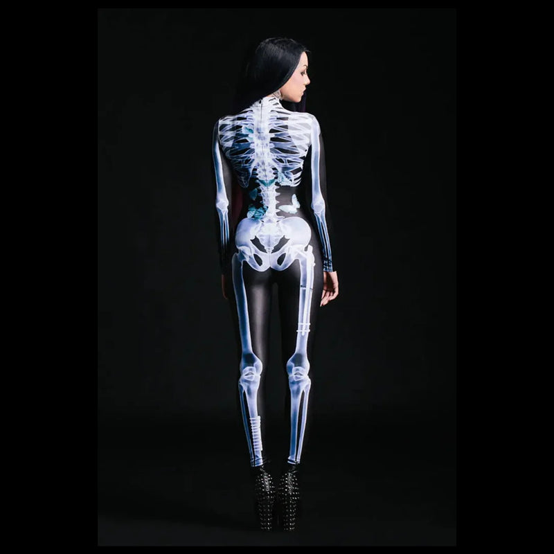 Women's printed Halloween bodysuit, showcasing a unique and edgy skull design.