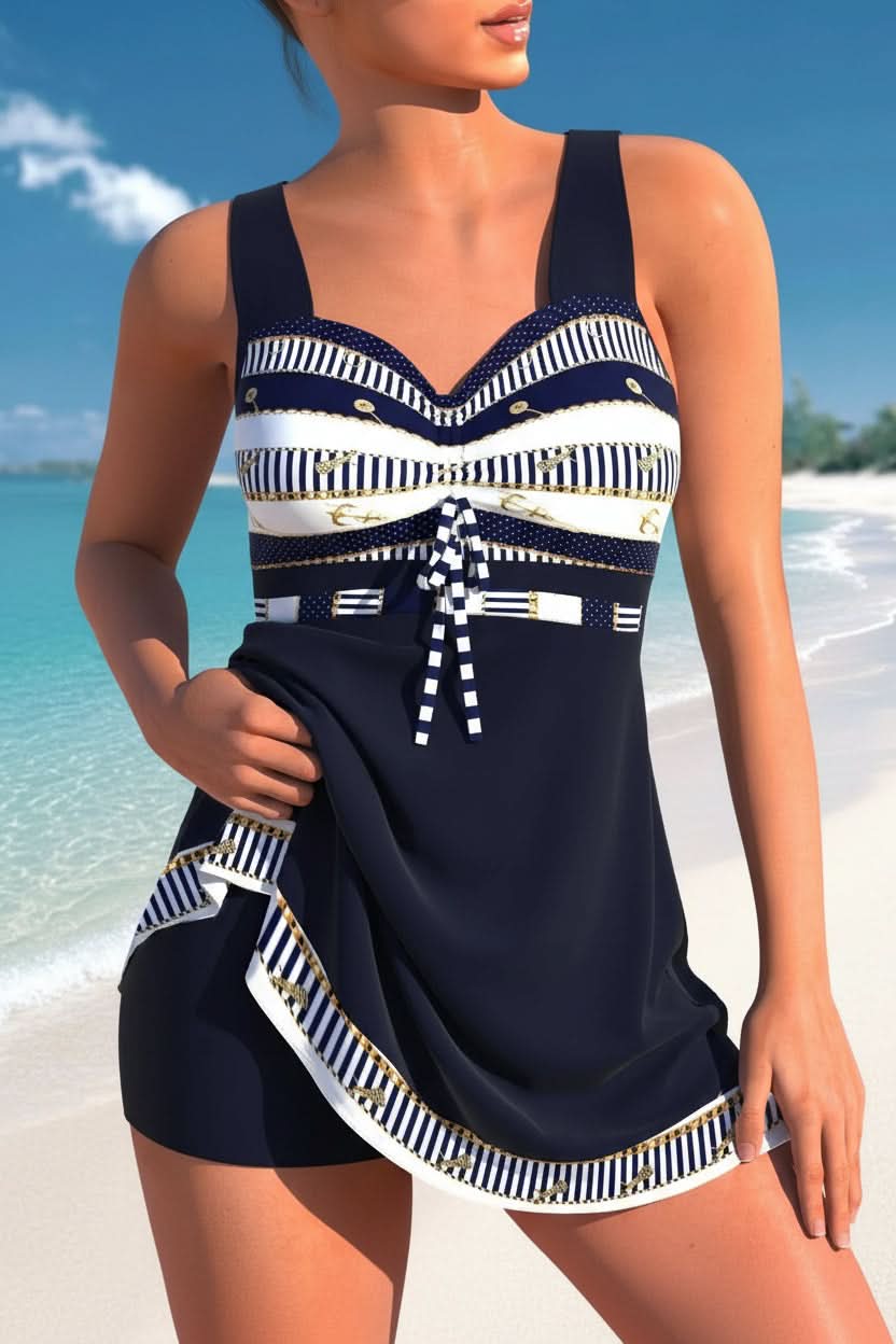 Women's sporty black swim dress for confident beach days. Modest, quick-dry swimwear for athletic summer fashion.