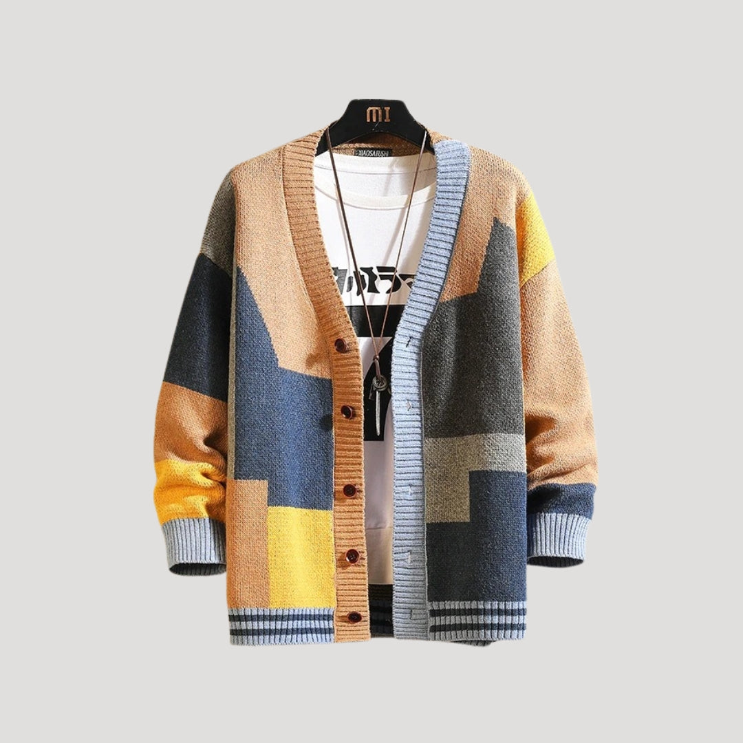 Women's spring colorblock knit cardigan, button-front, styled casually for layering