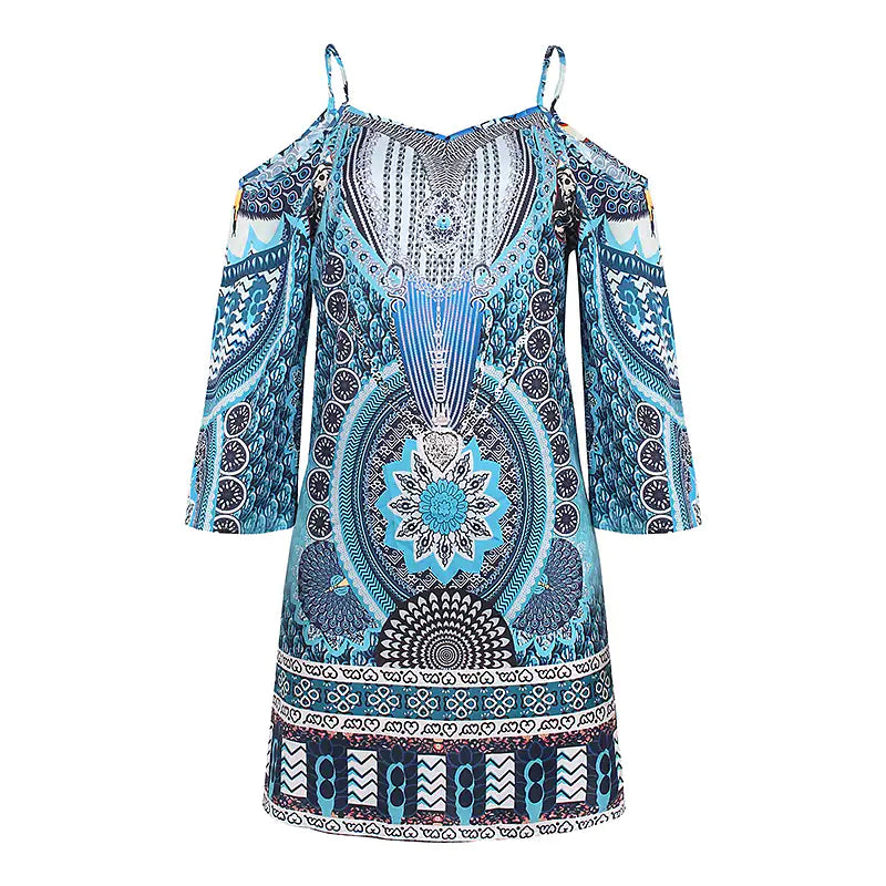 Eliana women's strapless dress with colorful ethnic print, a must-have for summer.