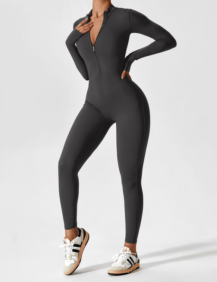 Stretchy women's jumpsuit with a half-zip detail, providing adjustable comfort for spring weather