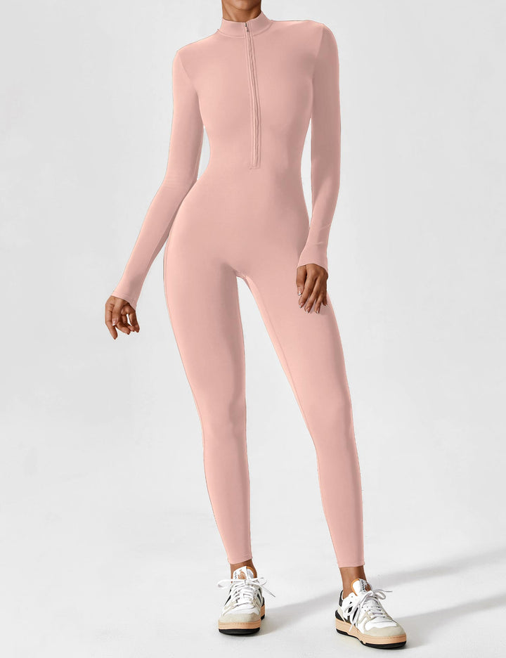 Fashionable women's stretchy zip-up jumpsuit with short sleeves, a cool option for spring
