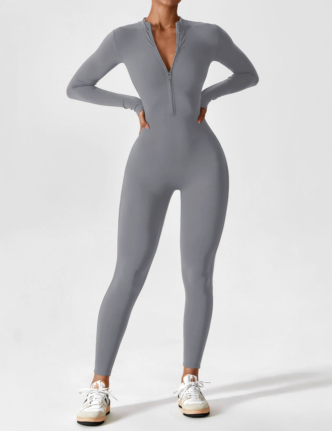 Onepiece women's stretchy zip-up jumpsuit, showcasing its effortless charm for spring fashion