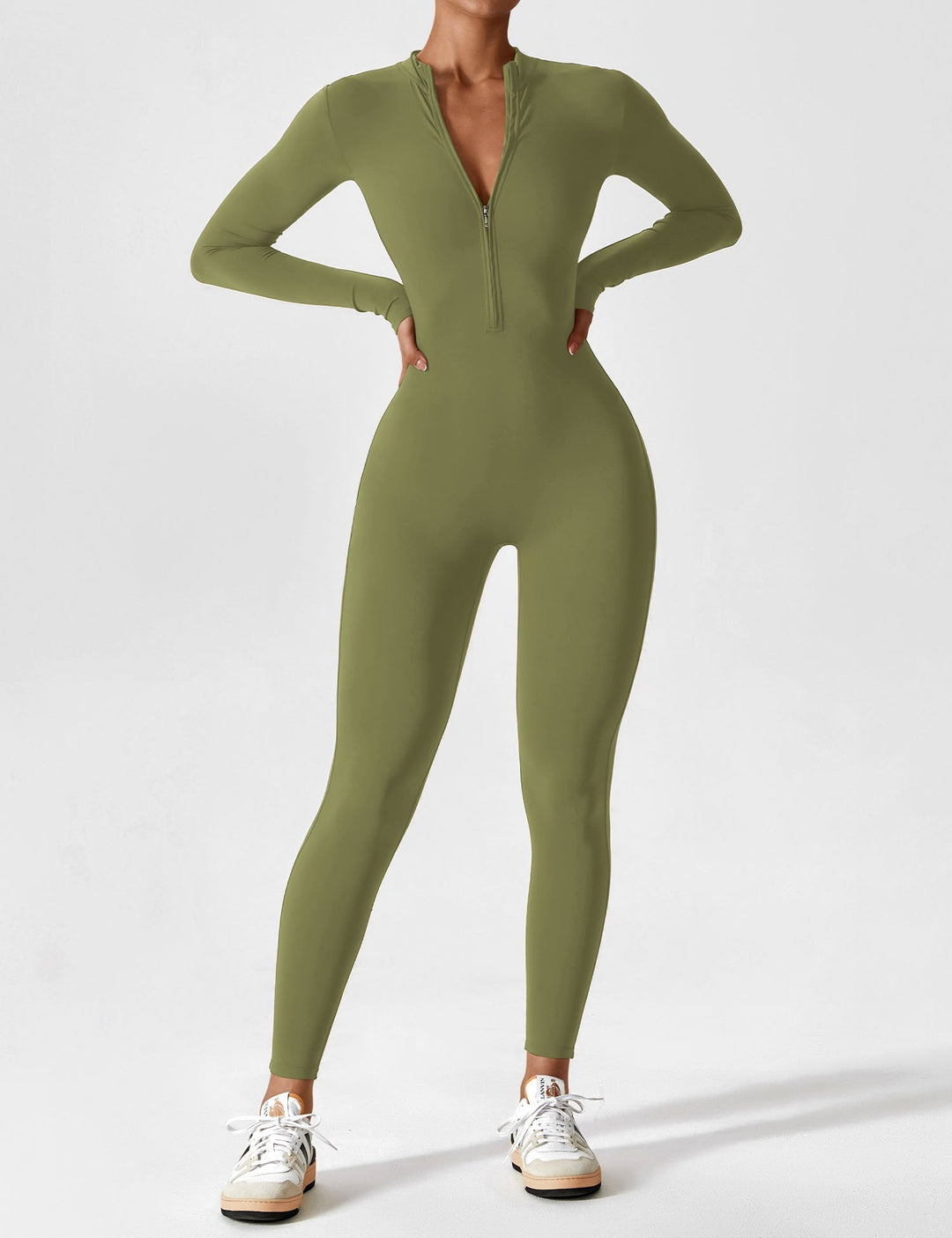 Casual women's stretchy zip-up jumpsuit in a pastel spring color, light and airy for warmer days