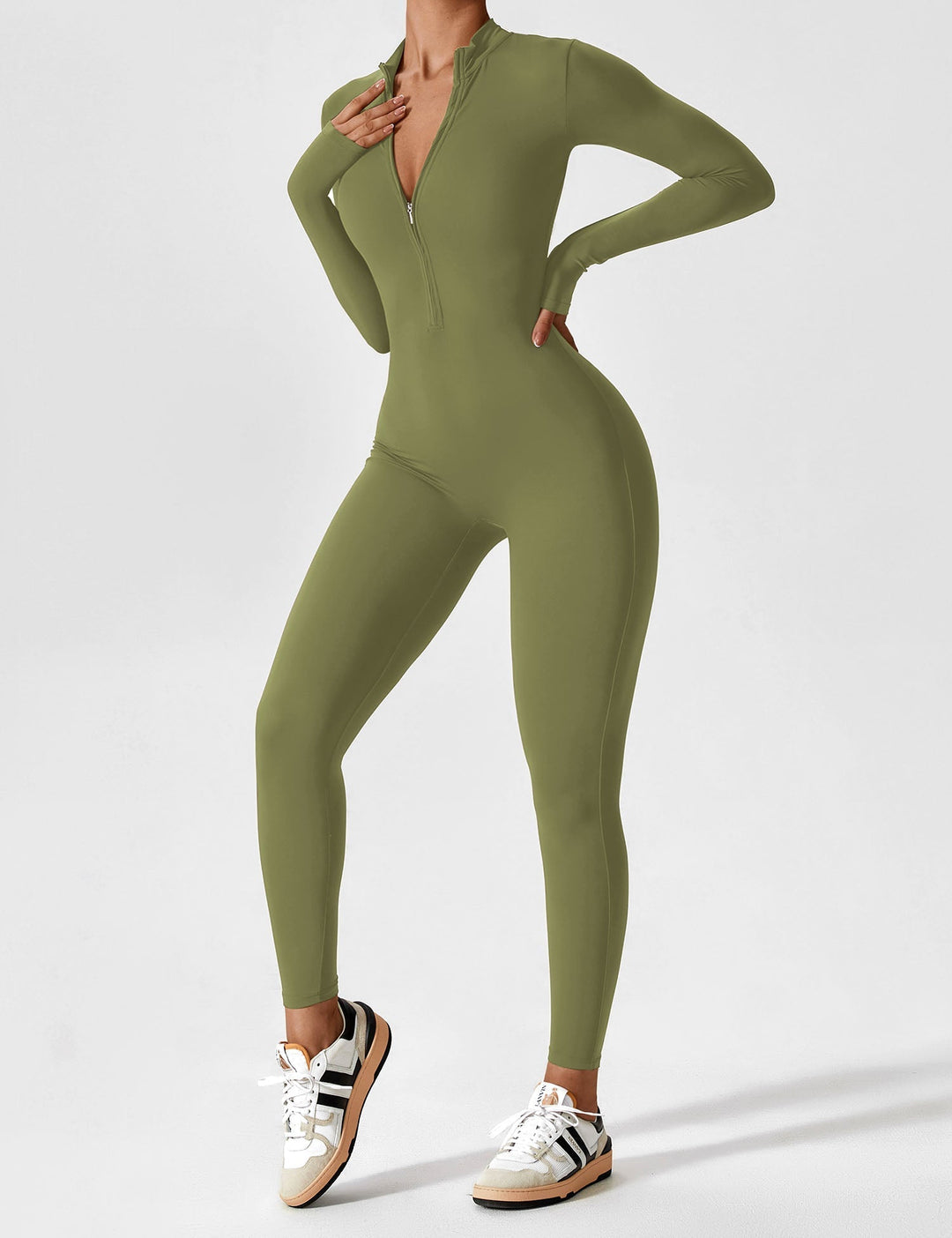 Full length vision of a women's stretchy jumpsuit, its zip-up front adding to spring style