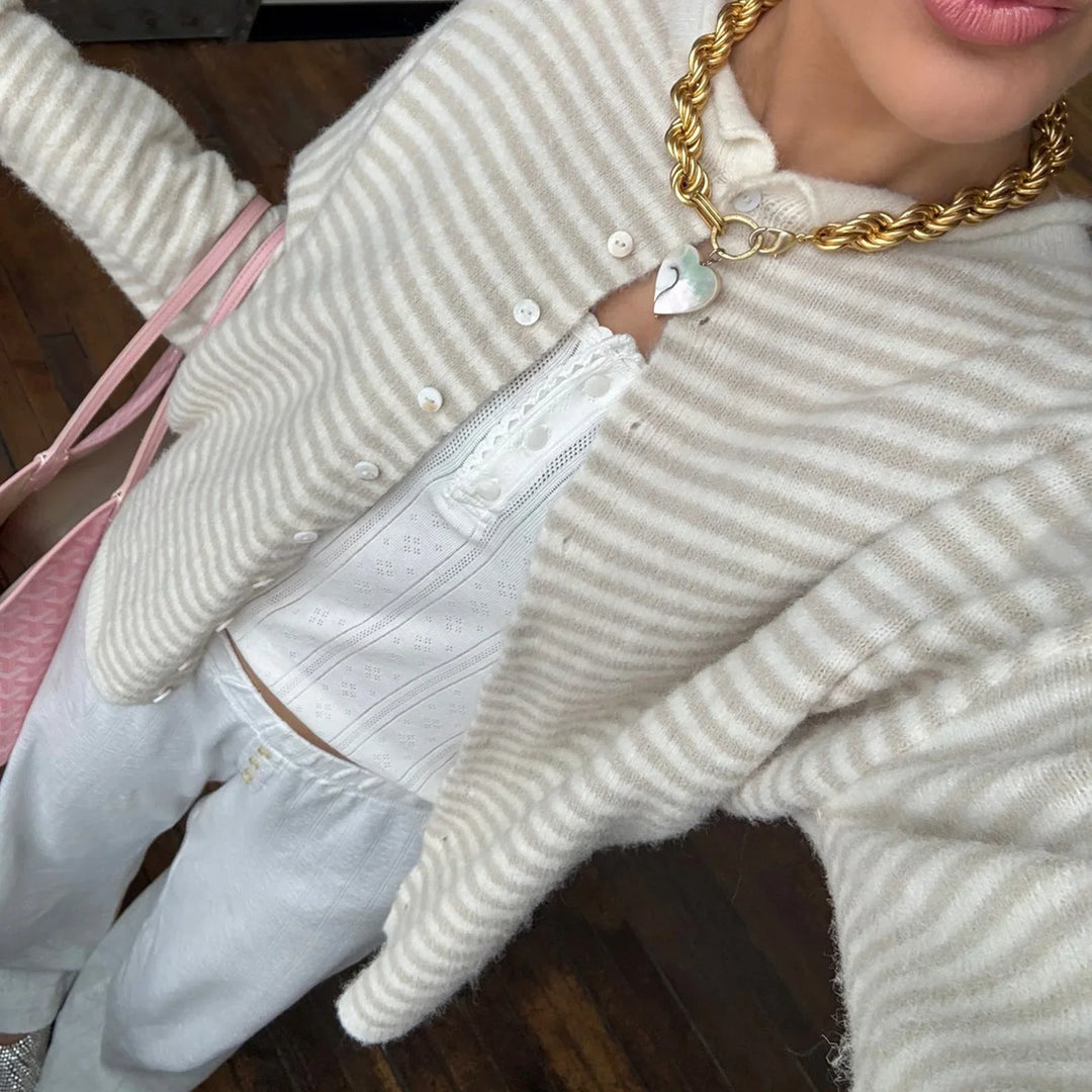 Long-sleeve striped button-front women's cardigan. Versatile knitwear for fall fashion & everyday style.
