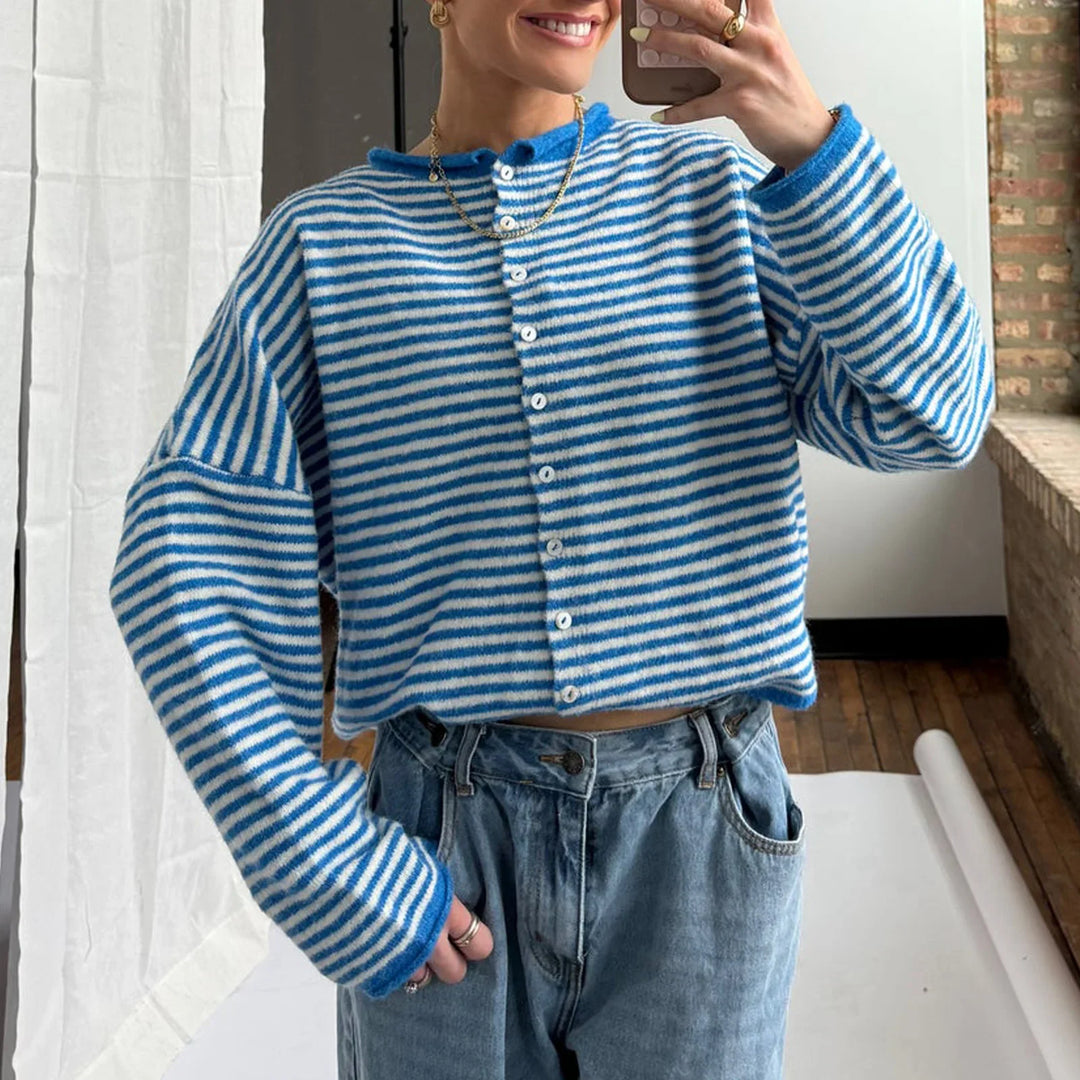 Fall fashion women's striped button-front cardigan. Cozy knit outerwear, ideal for layering & everyday comfort.