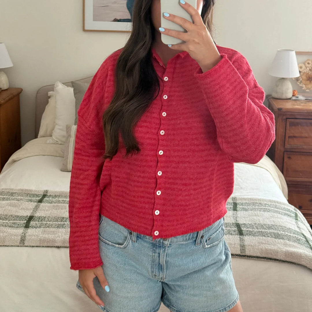 Soft knit striped button-front cardigan for women. Long-sleeve outerwear, perfect for casual chic fall layering.