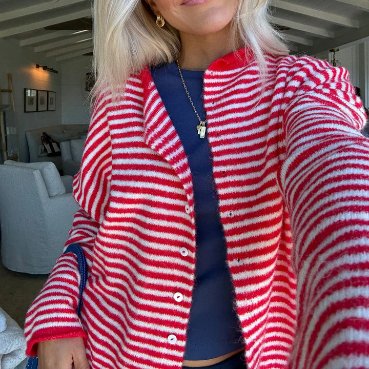 Everyday wear women's striped button-front cardigan. Casual chic knitwear, ideal for comfortable fall layering.