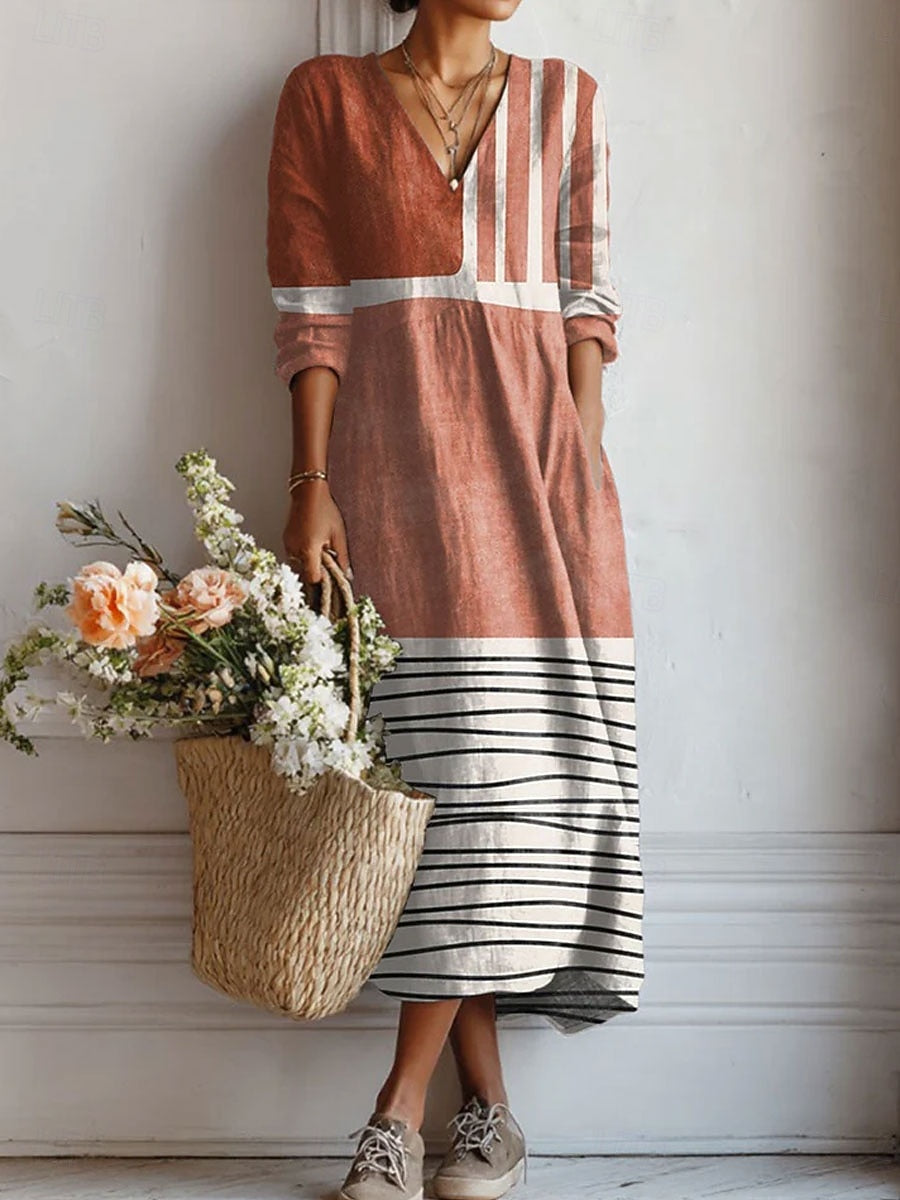 Women's striped color block V-neck casual maxi dress with long sleeves and pockets, ideal for spring/summer.