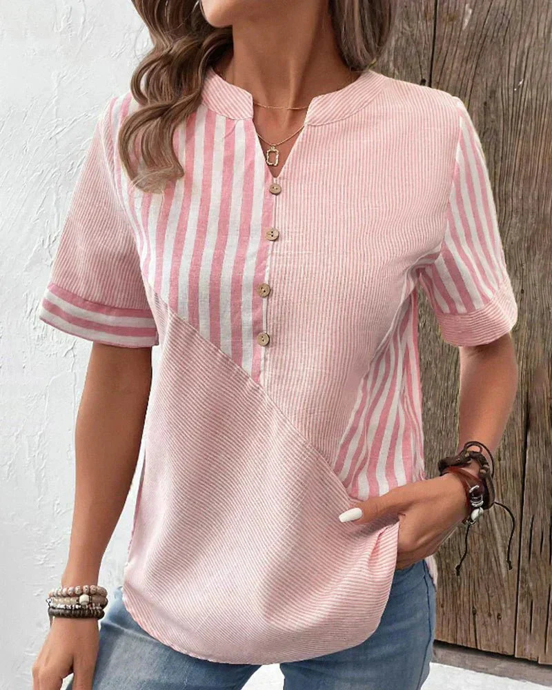 Women's striped colorblock short sleeve blouse with half-button front for casual chic summer style.