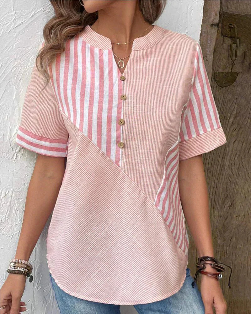 Stylish women's striped colorblock half-button top, perfect for spring fashion & office casual looks.
