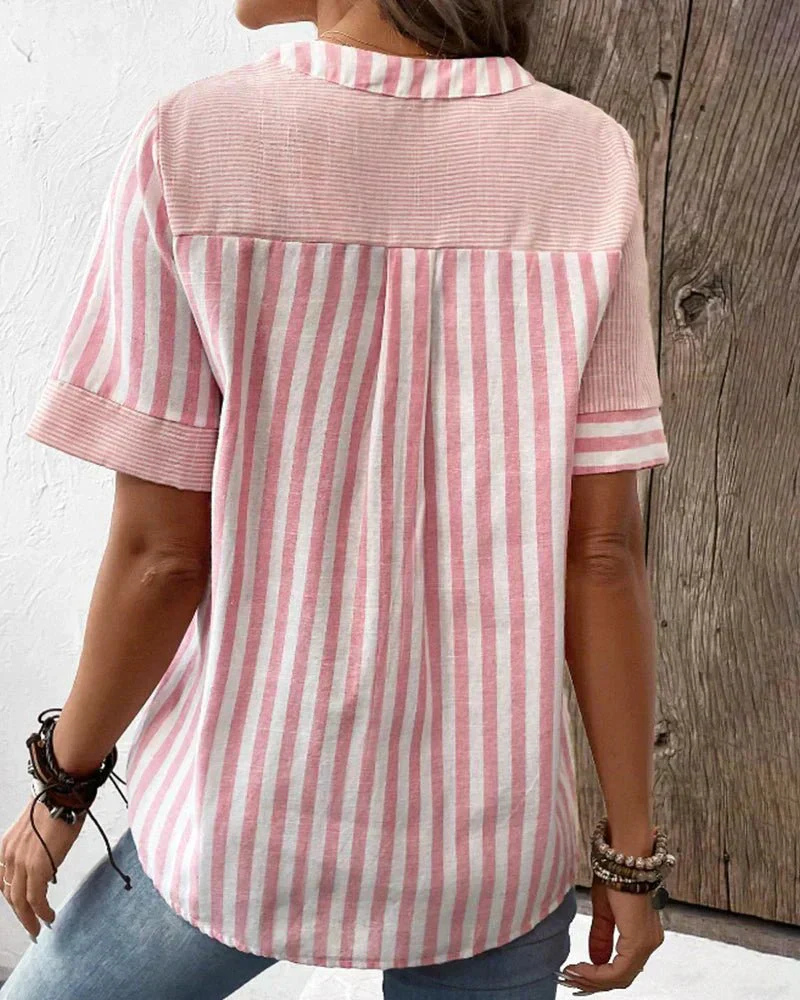 Effortless women's half-button blouse with trendy stripes & colorblock, short sleeves for versatile fashion.