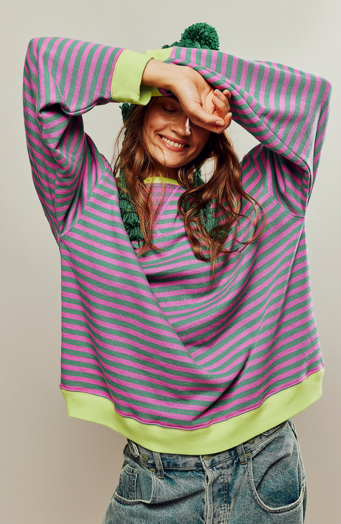 Women's striped crewneck knit sweater, a versatile long-sleeve top for spring fashion