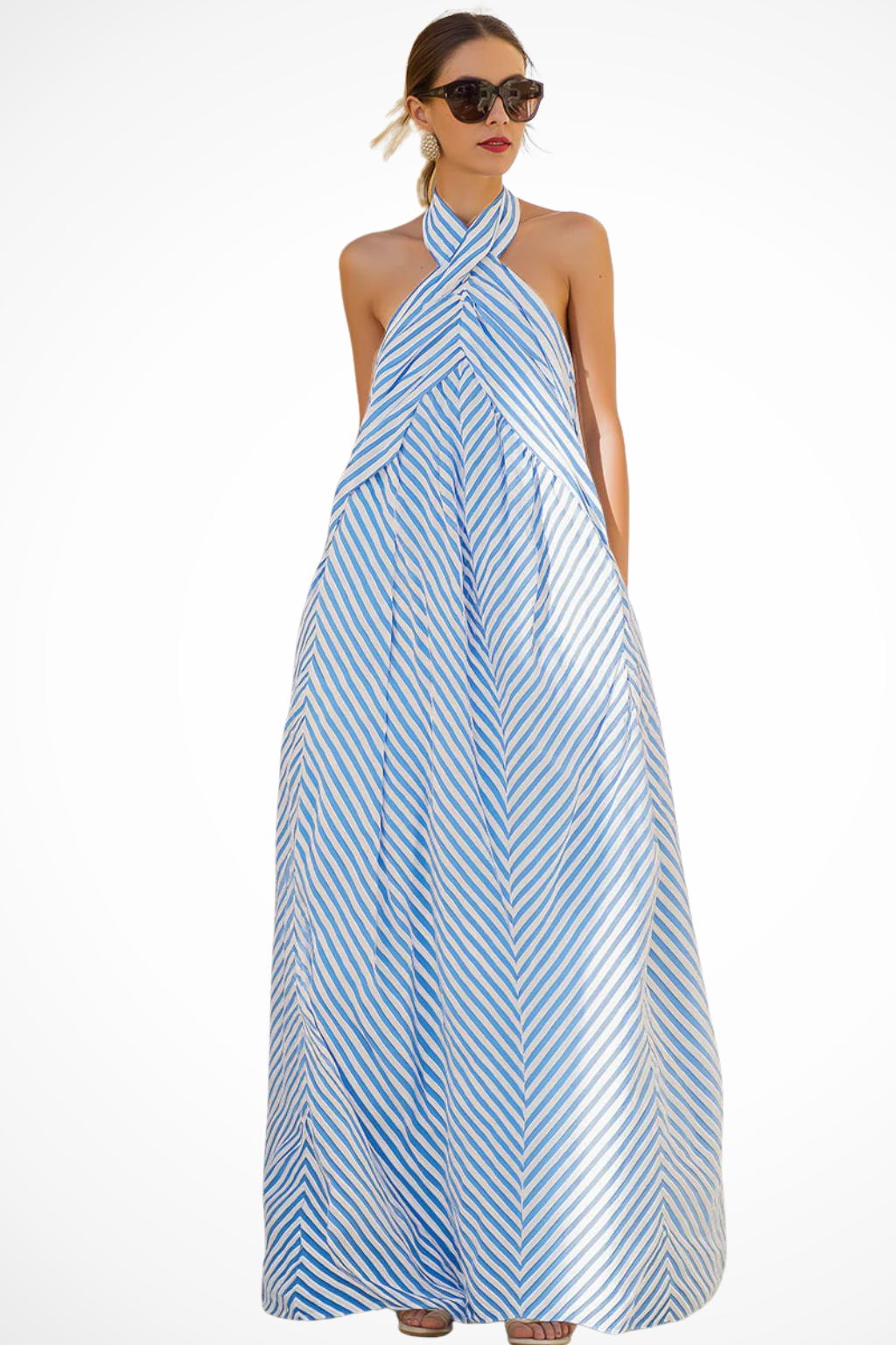 Striped halter neck maxi sundress for women, a comfortable and flowing summer casual dress.