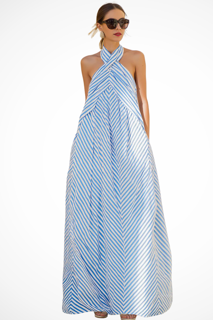Striped halter neck maxi sundress for women, a comfortable and flowing summer casual dress.