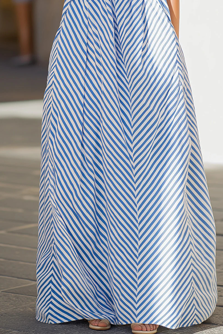 Striped halter neck sleeveless maxi dress for women, offering a relaxed, flowing A-line summer style.