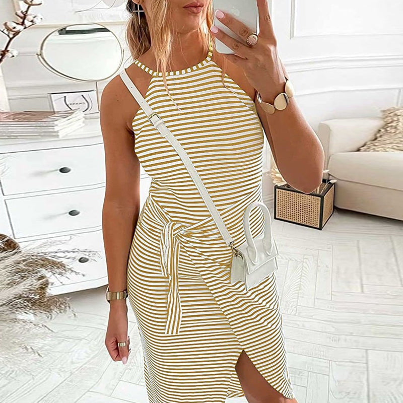 Sleeveless women's striped dress featuring a halter neck, ideal for summer casual wear.