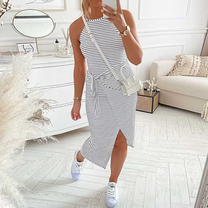 Halter neck women's summer dress in a classic striped pattern, suitable for beach or casual wear.