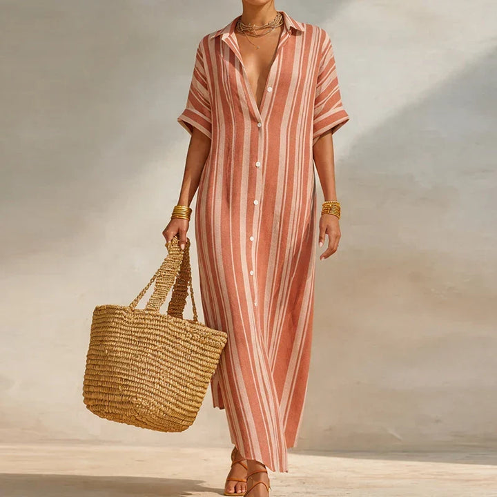 Casual V-neck striped shirt dress for women, long design with practical three-quarter sleeves for summer.