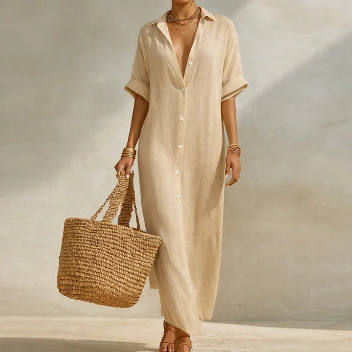 Women's classic striped long shirt dress, a stylish V-neck and three-quarter sleeve casual summer outfit.