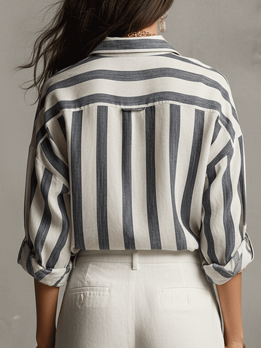 Striped long sleeve button-front blouse for women. A comfortable, casual, and fashionable everyday top.