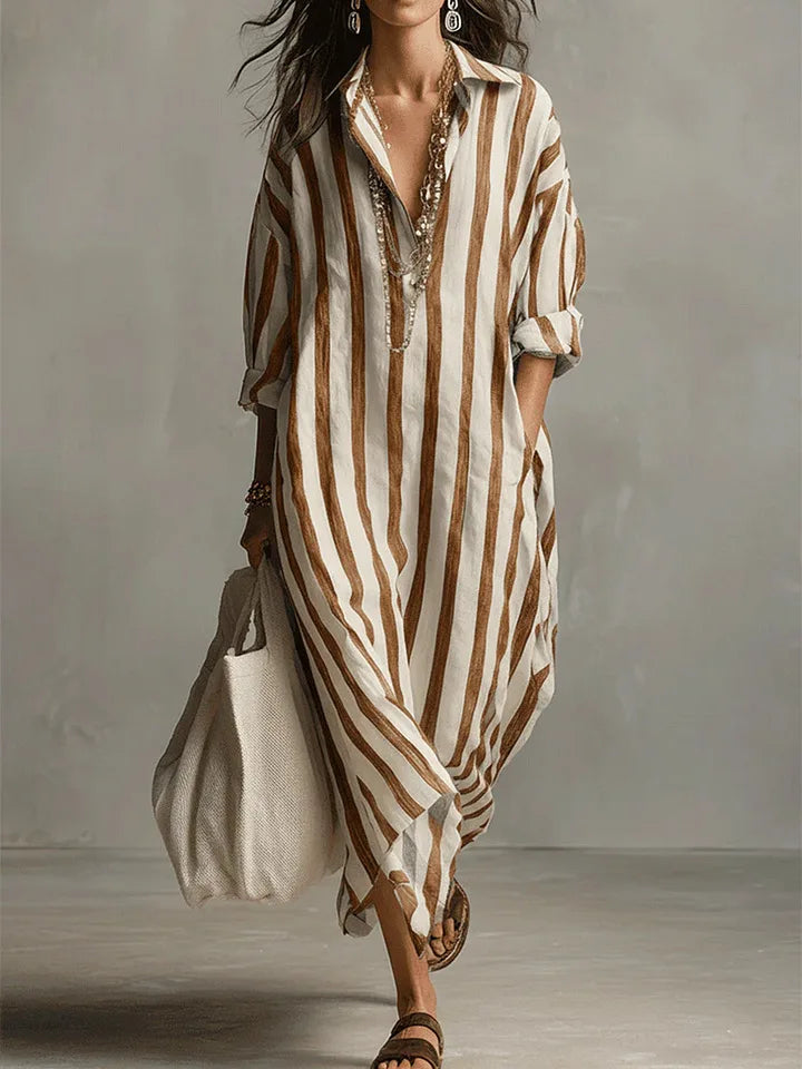 Versatile striped maxi shirt dress, an essential oversized casual summer dress for women's everyday style.
