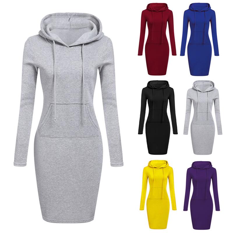 Women's striped pullover hoodie dress, knee-length, with front pocket. Slim fit, comfortable cotton blend.