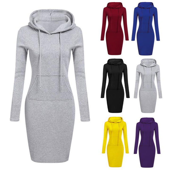 Women's striped pullover hoodie dress, knee-length, with front pocket. Slim fit, comfortable cotton blend.