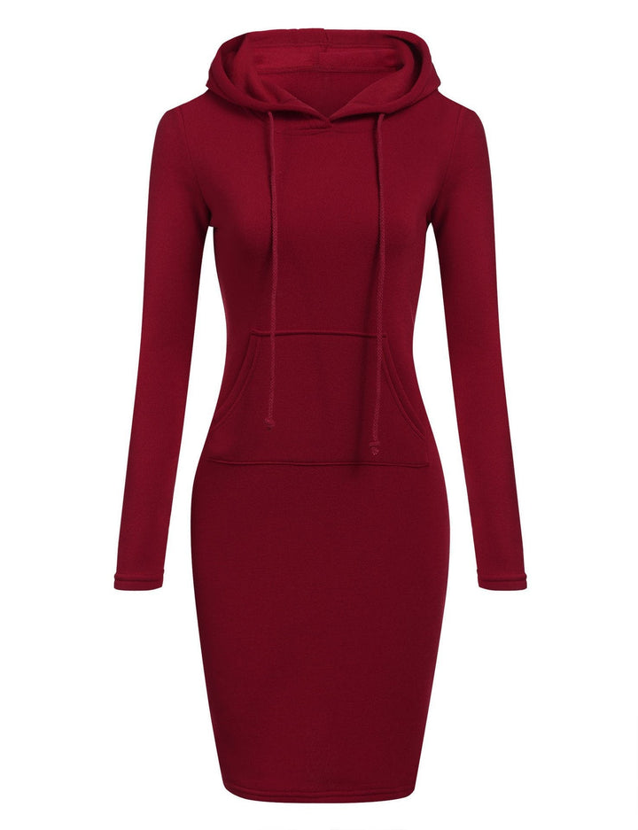 Striped women's hoodie dress, knee-length, featuring a comfortable cotton blend and convenient pockets.