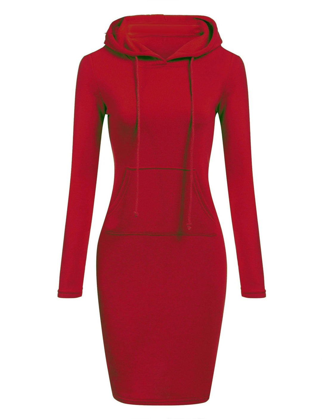 Knee-length striped hoodie dress for women, slim fit pullover style with practical front pocket detail.