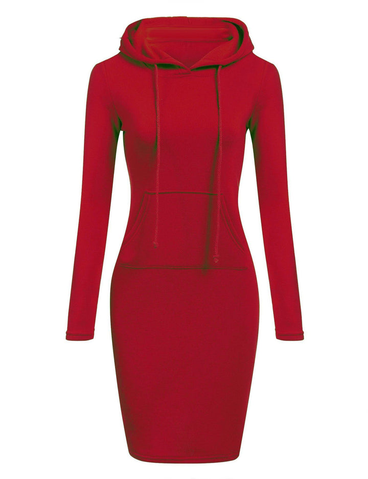 Knee-length striped hoodie dress for women, slim fit pullover style with practical front pocket detail.