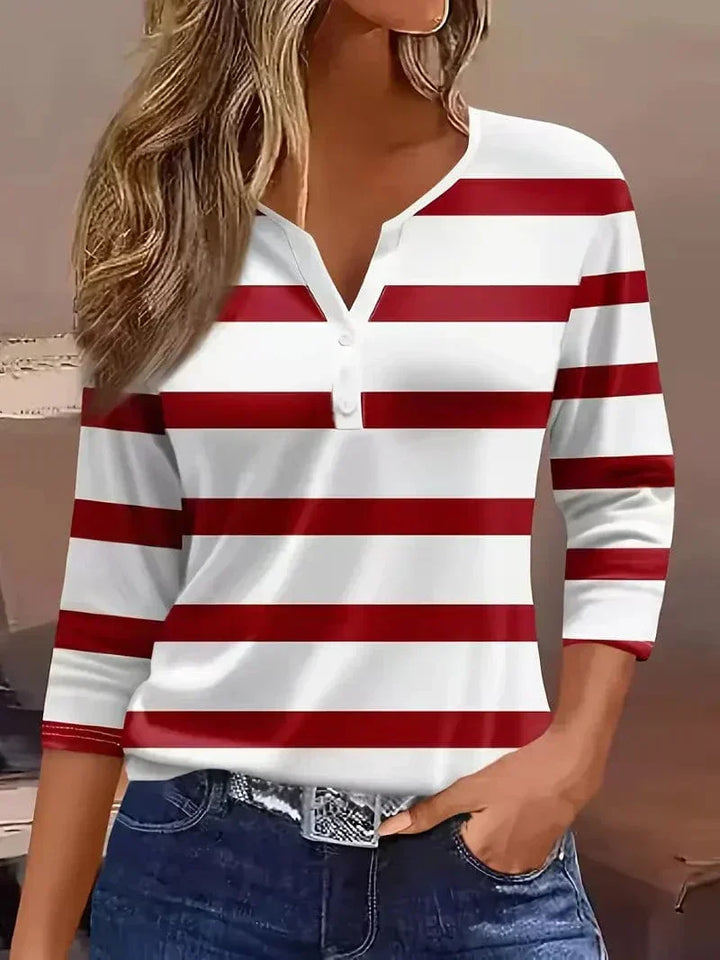 Women's striped V-neck 3/4 sleeve top. Casual & elegant blouse, perfect for spring/summer everyday wear.