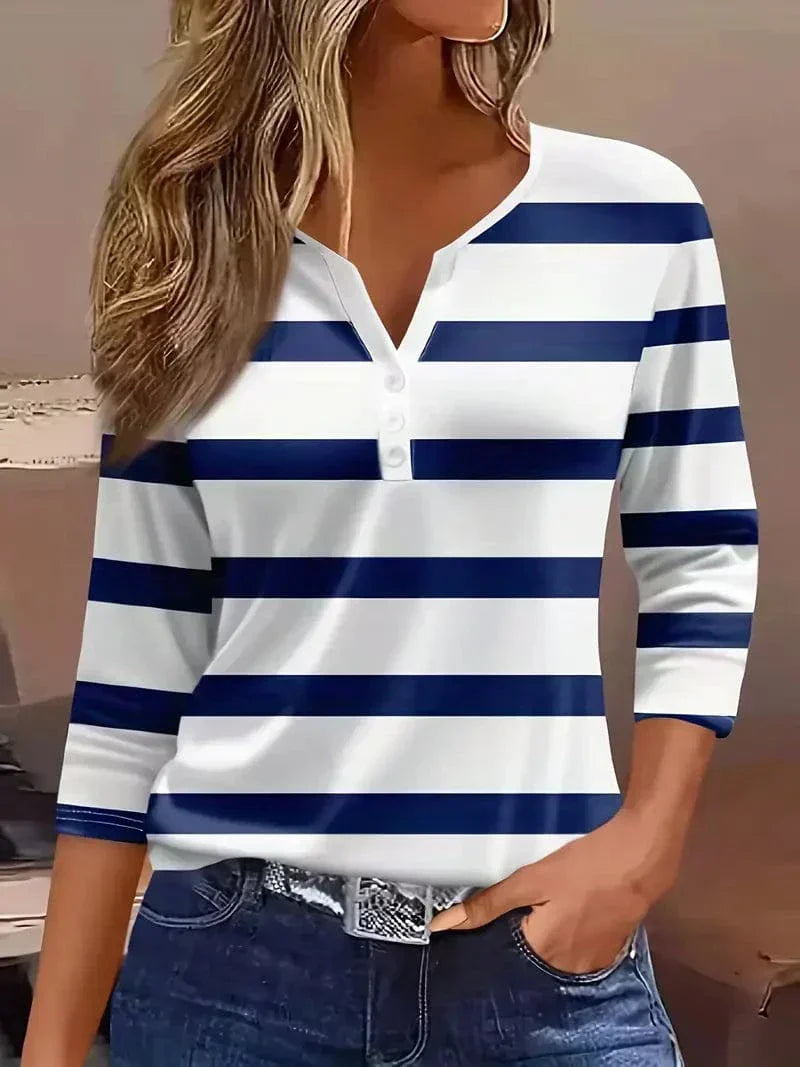 Versatile women's striped V-neck 3/4 sleeve top. Casual-chic blouse for comfortable spring & summer fashion.