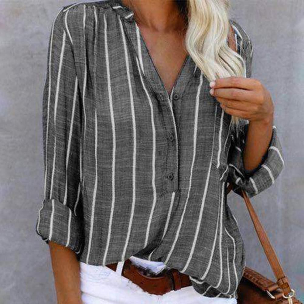 Elegant women's striped button-down V-neck shirt. Perfect long sleeve top for everyday chic fashion.