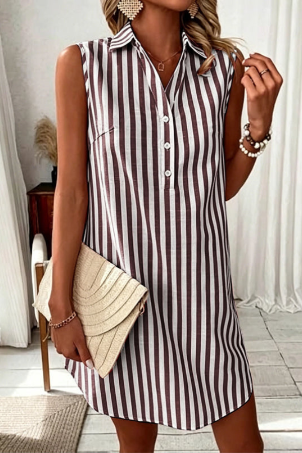 Sleeveless striped button-front shirt dress with a flattering V-neck, ideal for everyday summer fashion.
