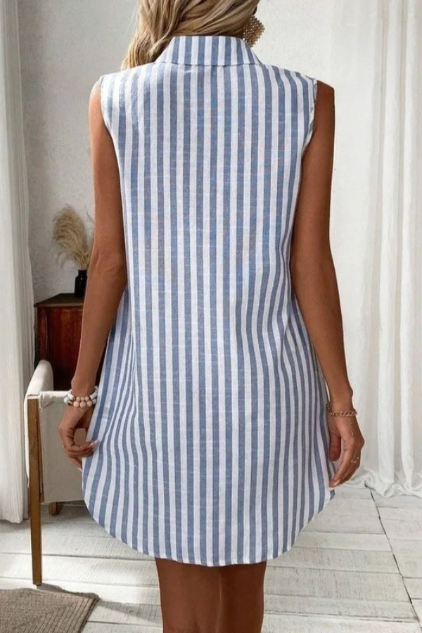 Stylish women's V-neck striped shirt dress with a button-front design, great for casual summer outfits.