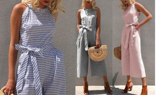 Women's striped wide leg jumpsuit, featuring a graceful wrap neck, perfect for effortless summer style.